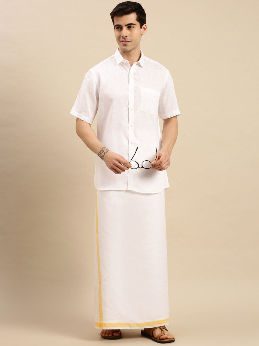 Mens Premium Pure Linen Shirt Half Sleeve with Double Dhoti White 770