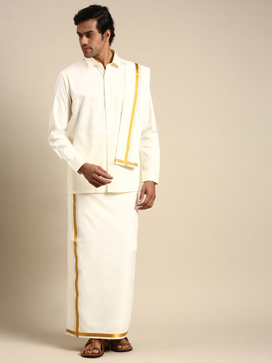 Premium Wedding Cream Adjustable Dhoti,Shirt & Towel Set Genxt Version-Front view