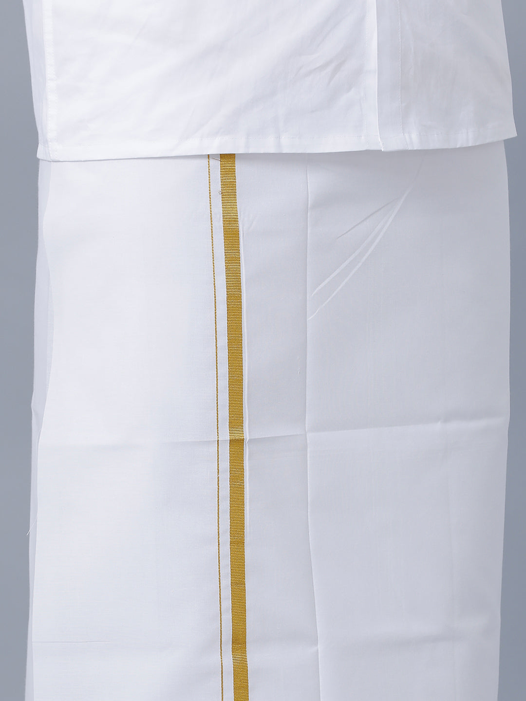 Mens 100% Cotton White Full Sleeves Shirt with 1/2''Jari Double Dhoti+Towel Combo-Bottom view