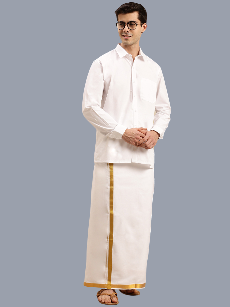 Mens Royal Cotton White Full Sleeves Shirt with 1'' Gold Jari Double Dhoti Combo