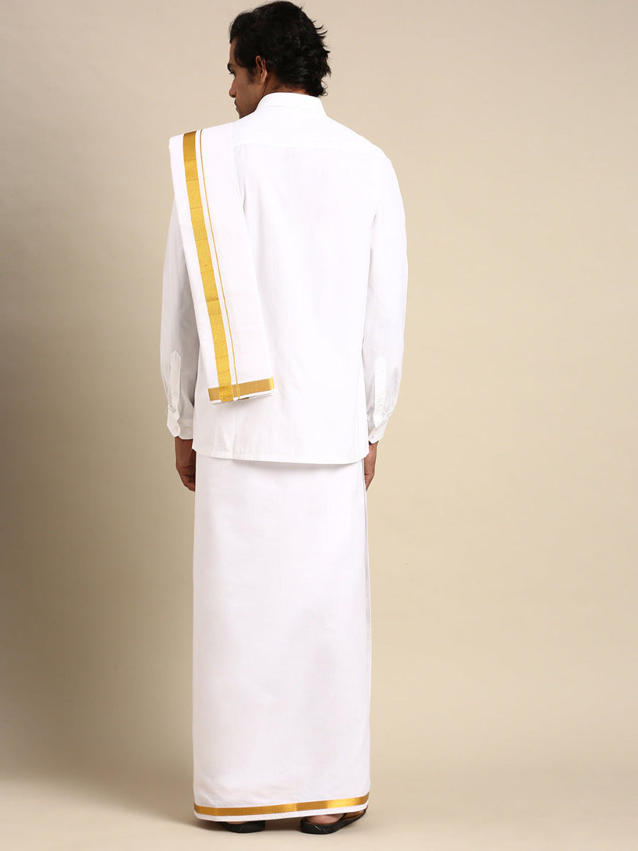Premium Wedding White Readymade Dhoti, Shirt & Towel Set Dhanvanthri-Back view