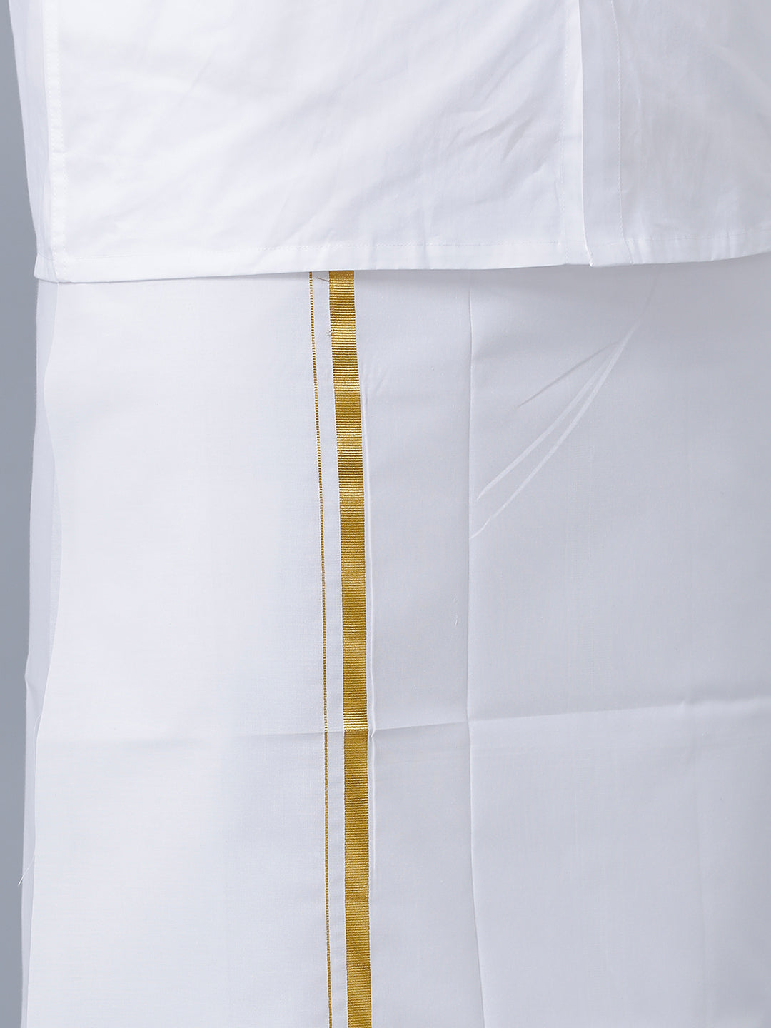 Mens Wrinkle Free White Full Sleeves Shirt with 1/2'' Gold Jari Single Dhoti Combo-bottom view
