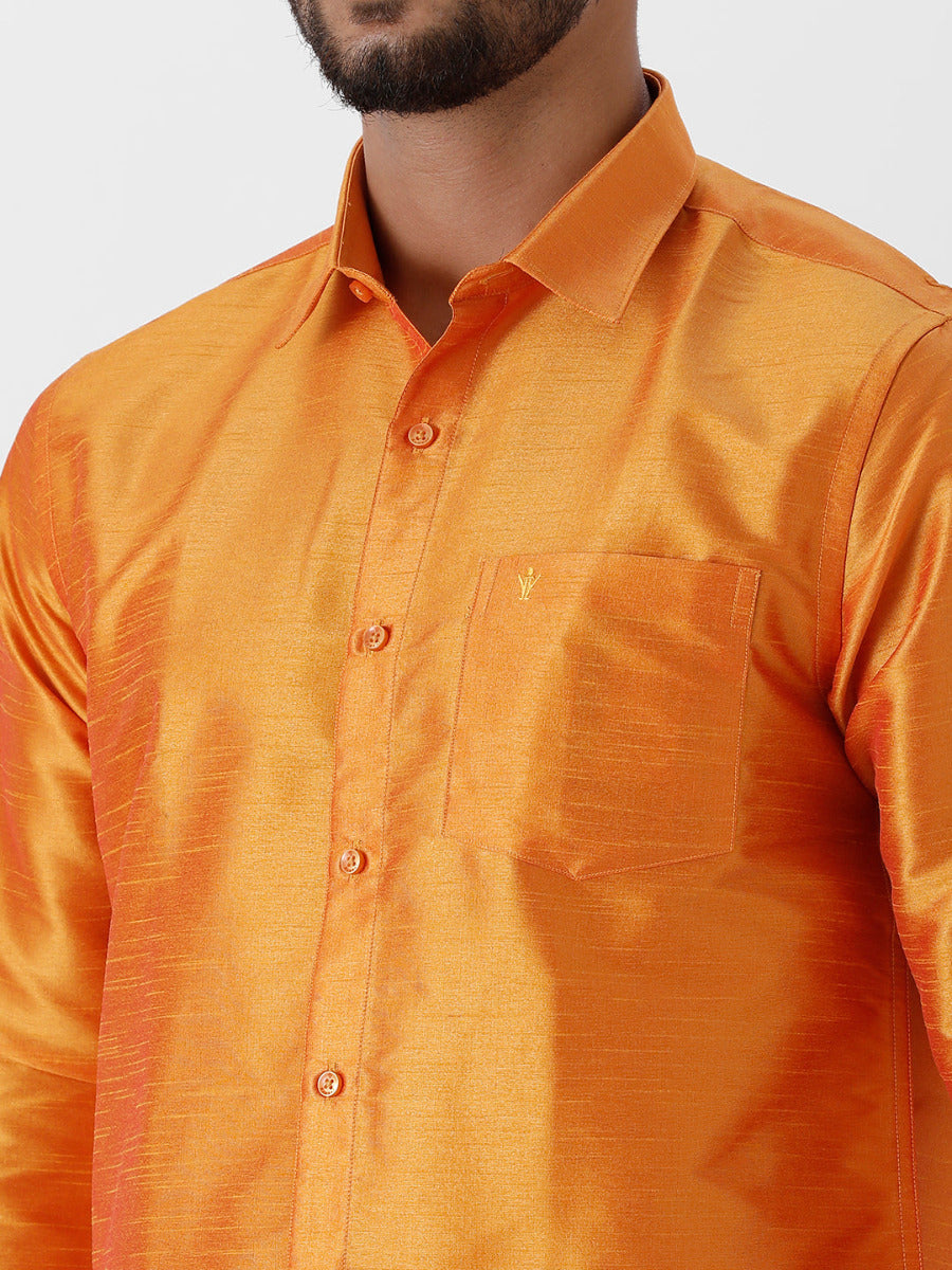 Silk Look Fancy Colour Full Sleeves Orange Shirt & Jari Dhoti Combo-Zoom view