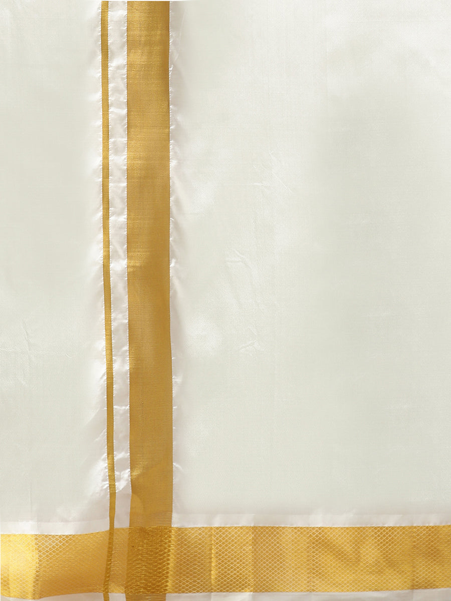 Mens Pure Silk Cream Double Dhoti with 2" Gold Jari Border Upasana-Zoom view