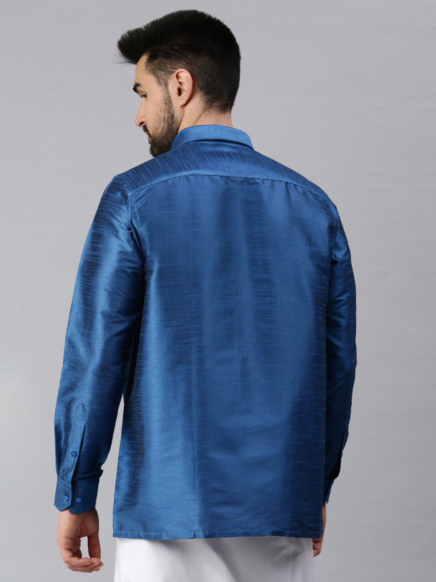 Silk Look Fancy Full Sleeves Blue Shirt with Jari Dhoti Combo SP9-Back view