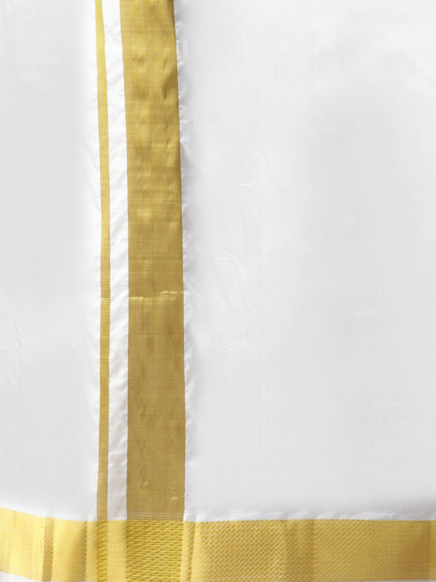 Mens Pure Silk White Double Dhoti with 2" Gold Jari Upasana-Zoom view