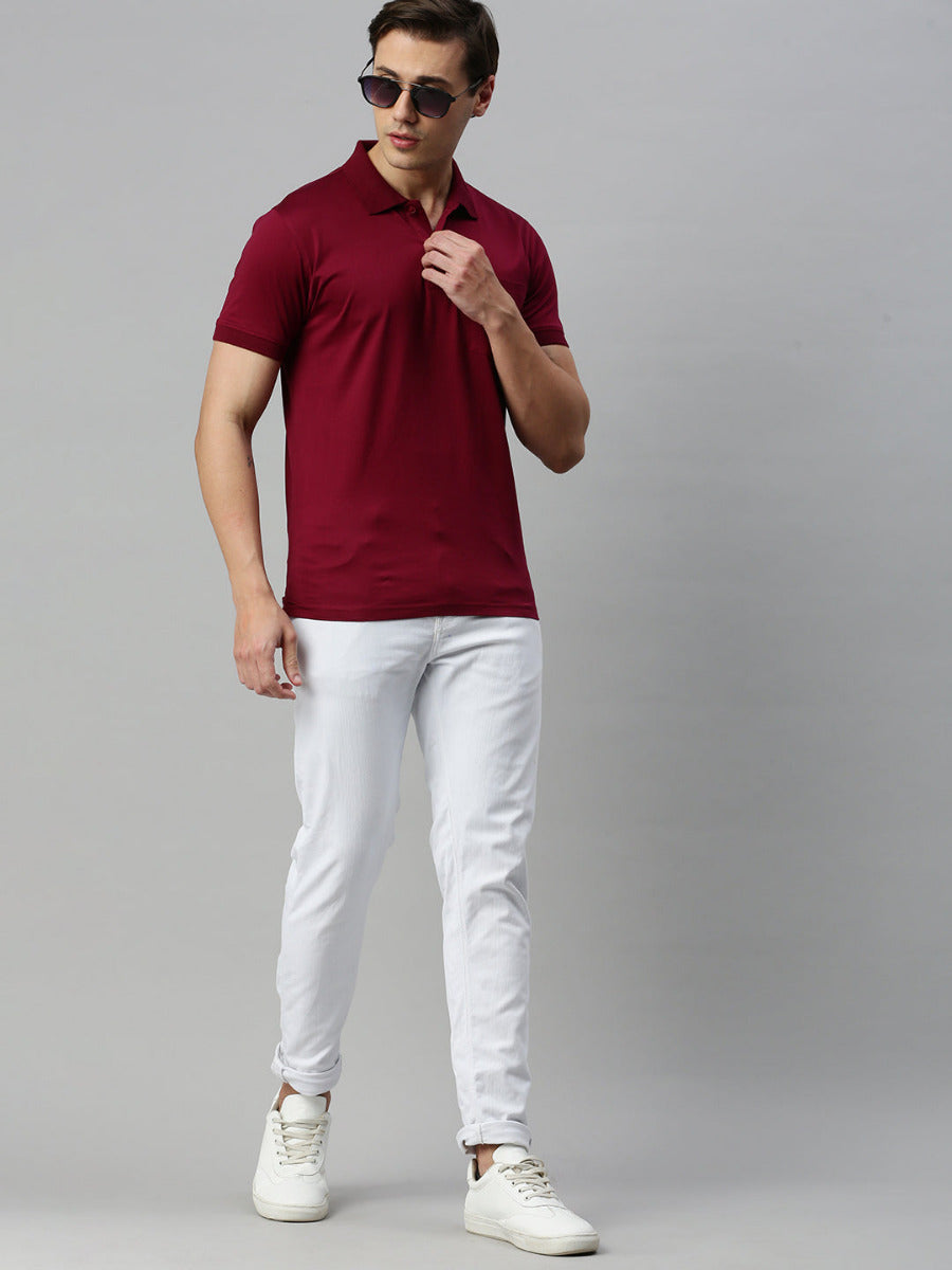 Mercerised Polo Flat Collar T-Shirt Maroon with Chest Pocket MP5-Full view