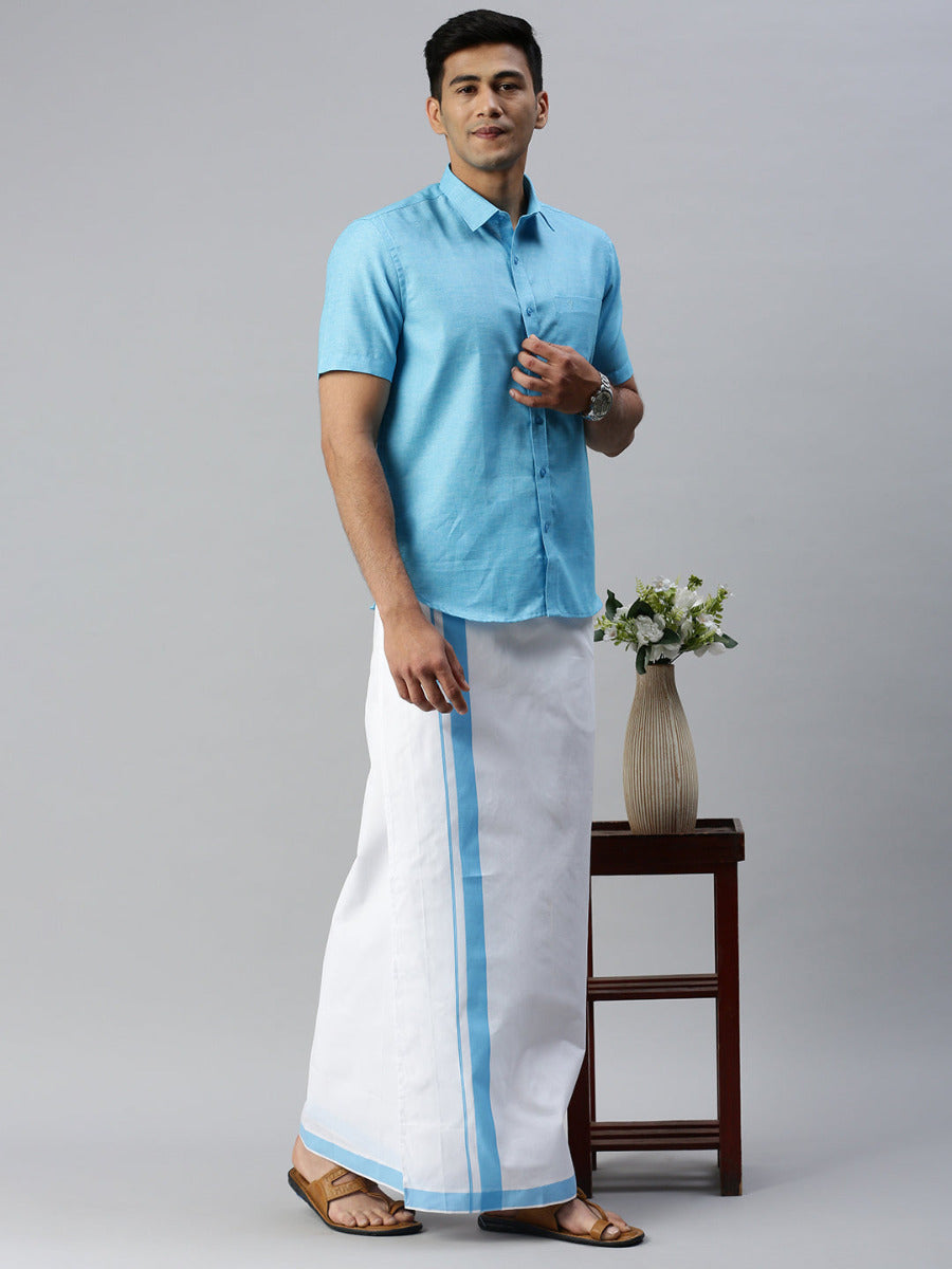 Mens Matching Border Adjustable Dhoti & Half Sleeves Shirt Set Blue CC5-Side alternative view