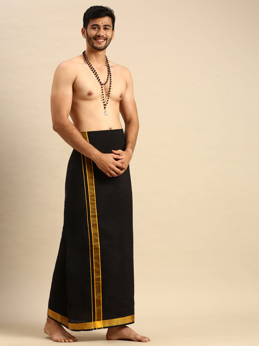 Mens Sabari Black Dhoti With Fancy Border Yellow