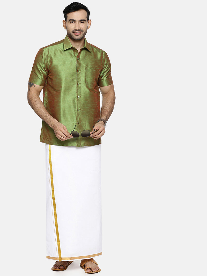 Silk Look Fancy Colour Half Sleeves Green Shirt with Jari Dhoti Combo