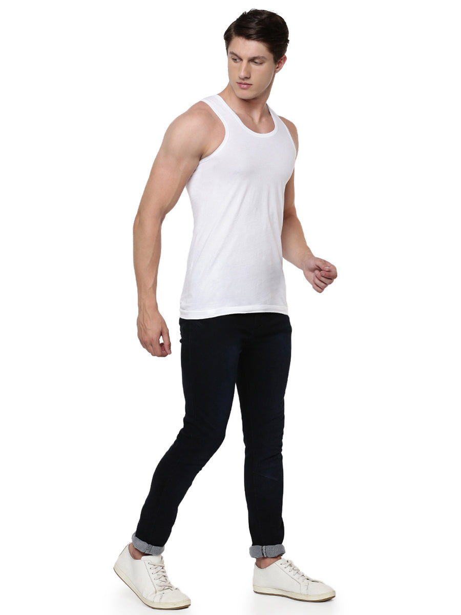 Men Fine Cotton White Vest RN Plus Size Rise Up