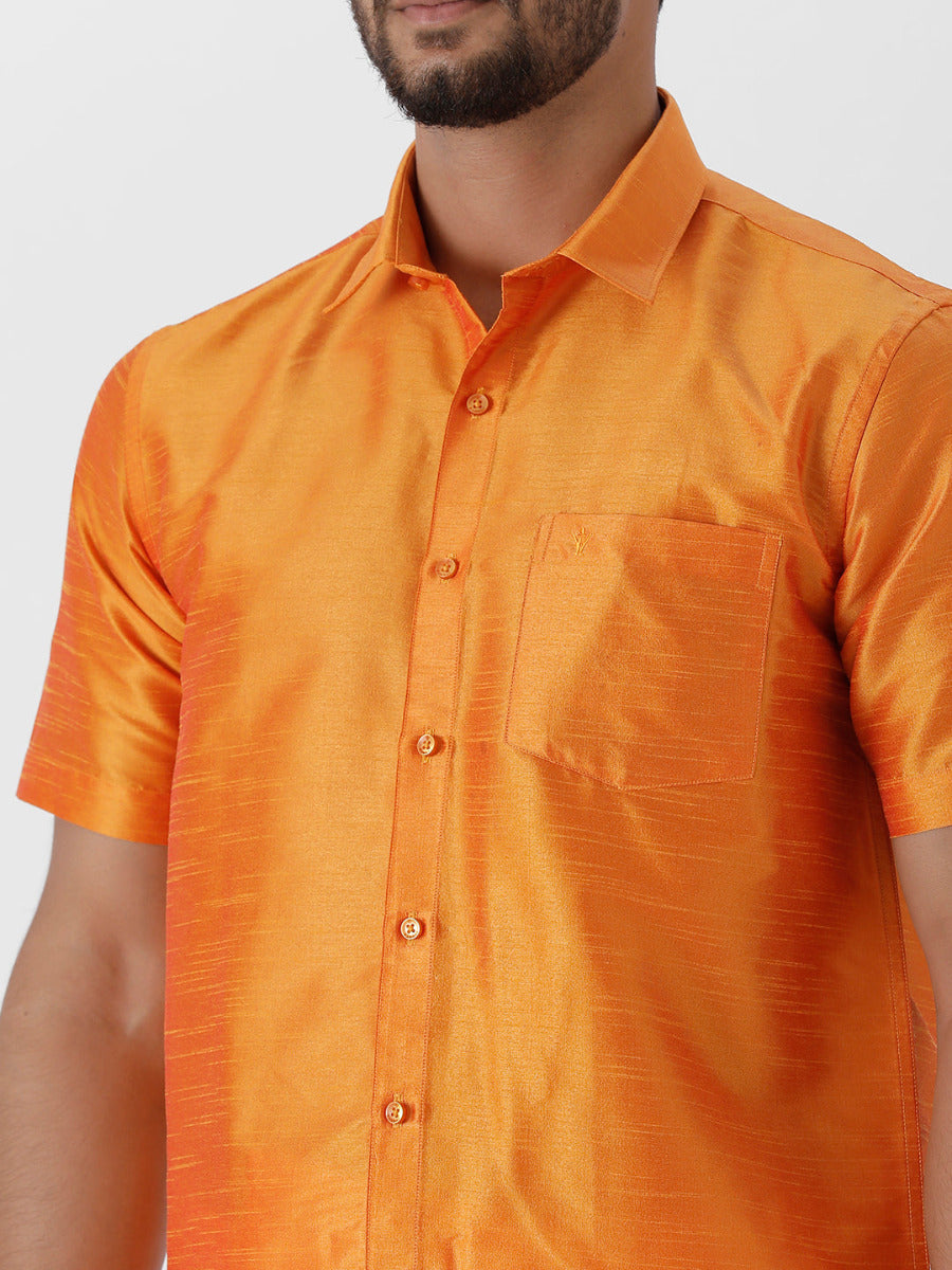 Silk Look Fancy Colour Half Sleeves Orange Shirt & Jari Dhoti Combo-Zoom view