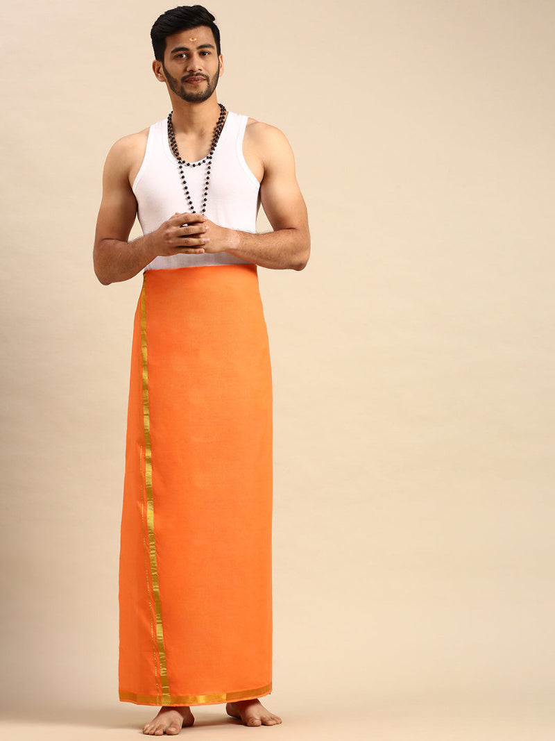 Mens Color Dhoti with 3/4" Gold Jari Border Daisy Colour 1