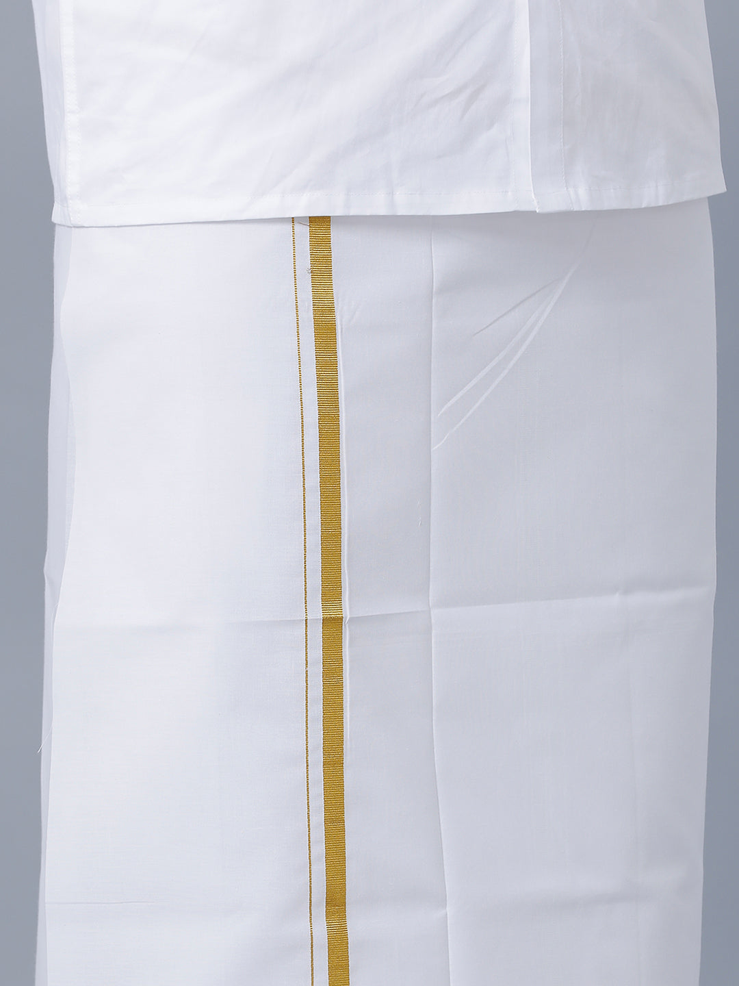 Mens Pure Cotton White Full Sleeves Shirt with 1/2''Jari Double Dhoti+Towel Combo-Bottom view