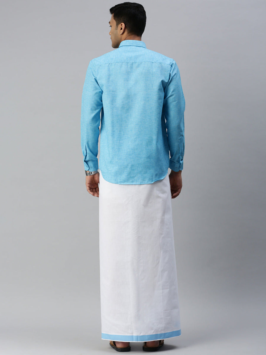 Mens Matching Border Adjustable Dhoti & Full Sleeves Shirt Set Blue CC5-Back view