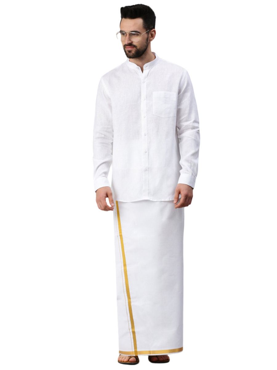 Mens 100% Linen Chinese Collar White Shirt Full Sleeves 5445-Full view