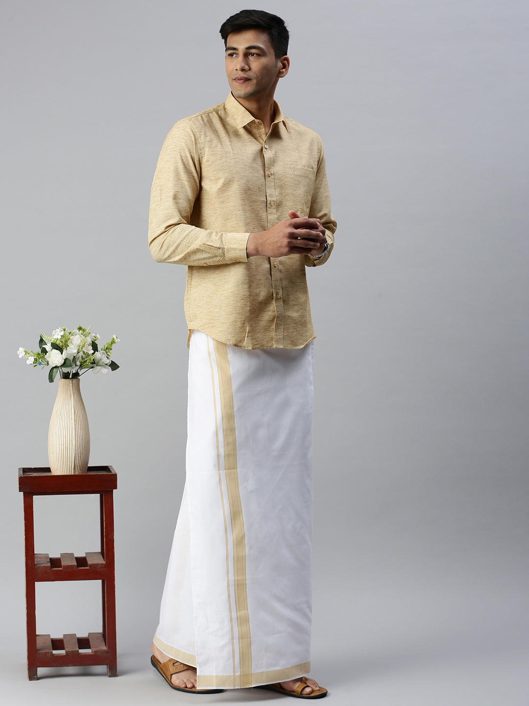 Mens Matching Border Adjustable Dhoti & Full Sleeves Shirt Set CC1-Full view