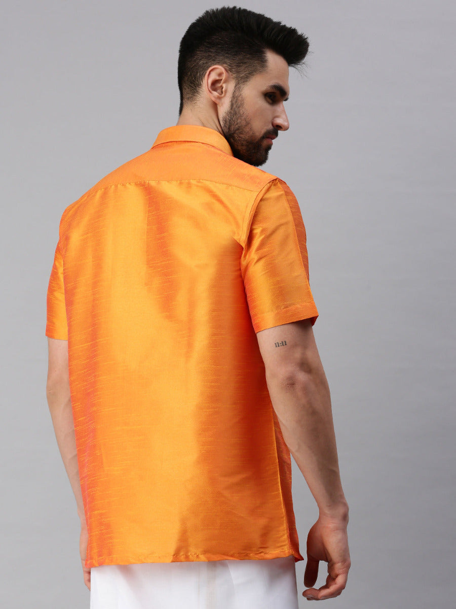 Silk Look Fancy Colour Half Sleeves Orange Shirt & Jari Dhoti Combo-Back view