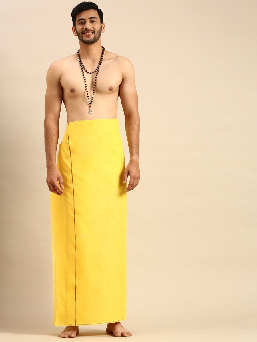 Mens Double Dhoti with Small Border Mangalya Yellow