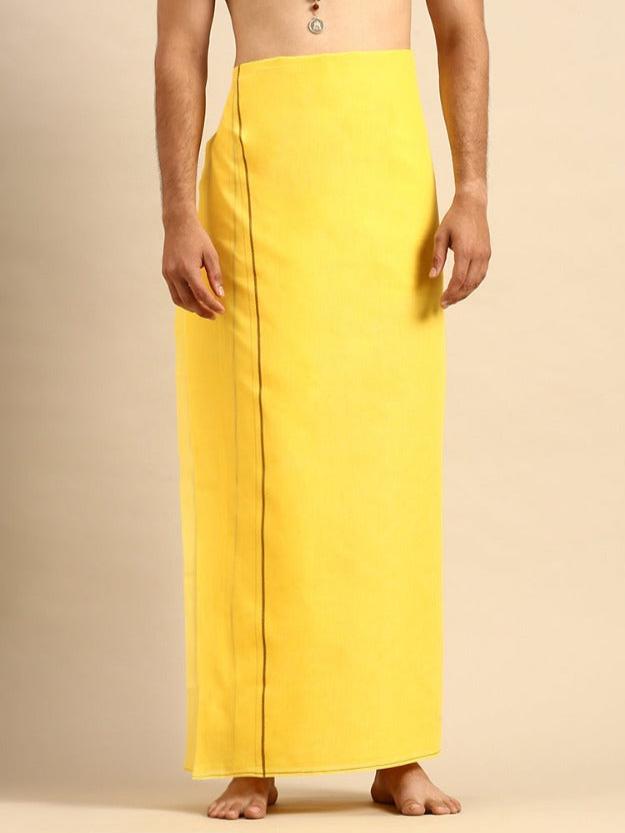 Mens Double Dhoti with Small Border Mangalya Yellow