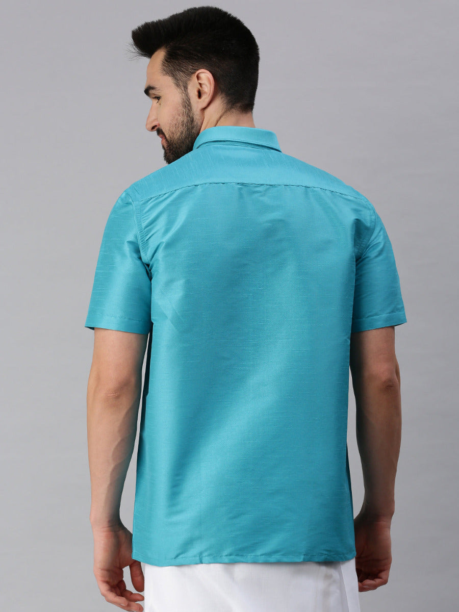 Silk Look Fancy Half Sleeves Blue Shirt with Jari Dhoti Combo SP29-Back view