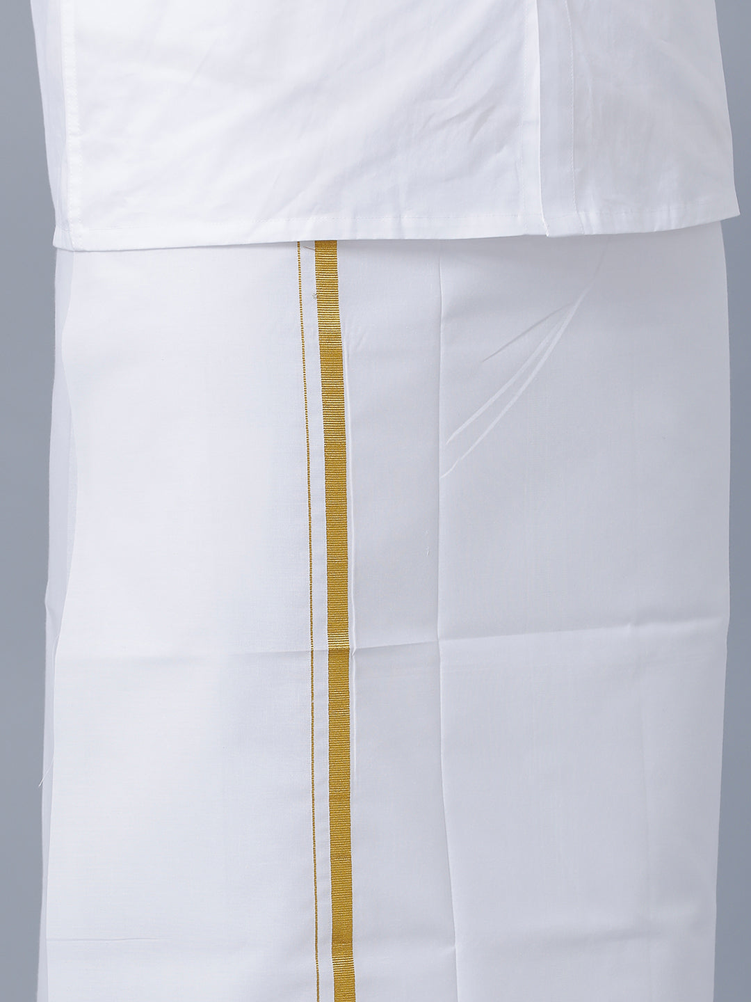 Mens Pure Cotton White Full Sleeves Shirt with 1/2'' Gold Jari Double Dhoti Combo-Bottom view