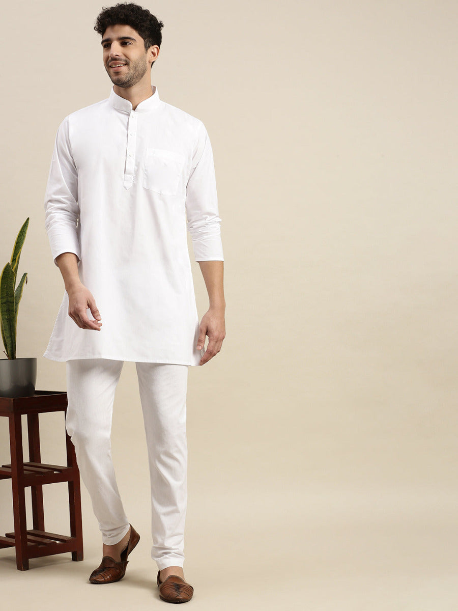 Mens Cotton White Full Sleeve Short Length Kurta-Full view