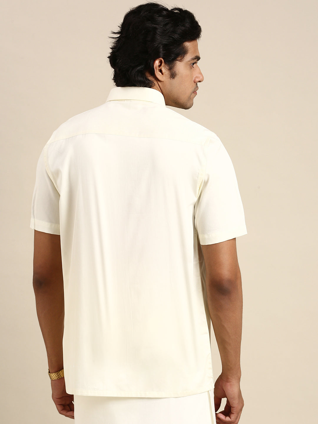 Mens Cotton Cream Shirt Half Sleeves Mangalyam-Back view