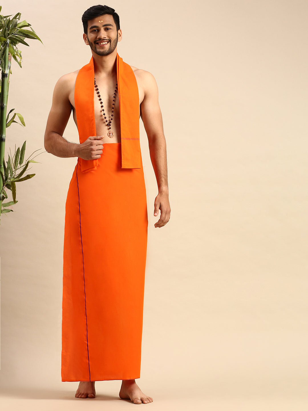 Mens Color Dhoti with Small Border Sudhan Orange-Front view