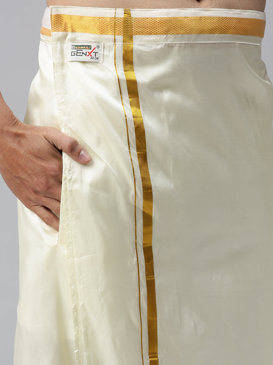 Mens Readymade Cream Dhoti + Towel Set Silk with Gold Jari 3/4" Genxt Silk Set-Pocket view