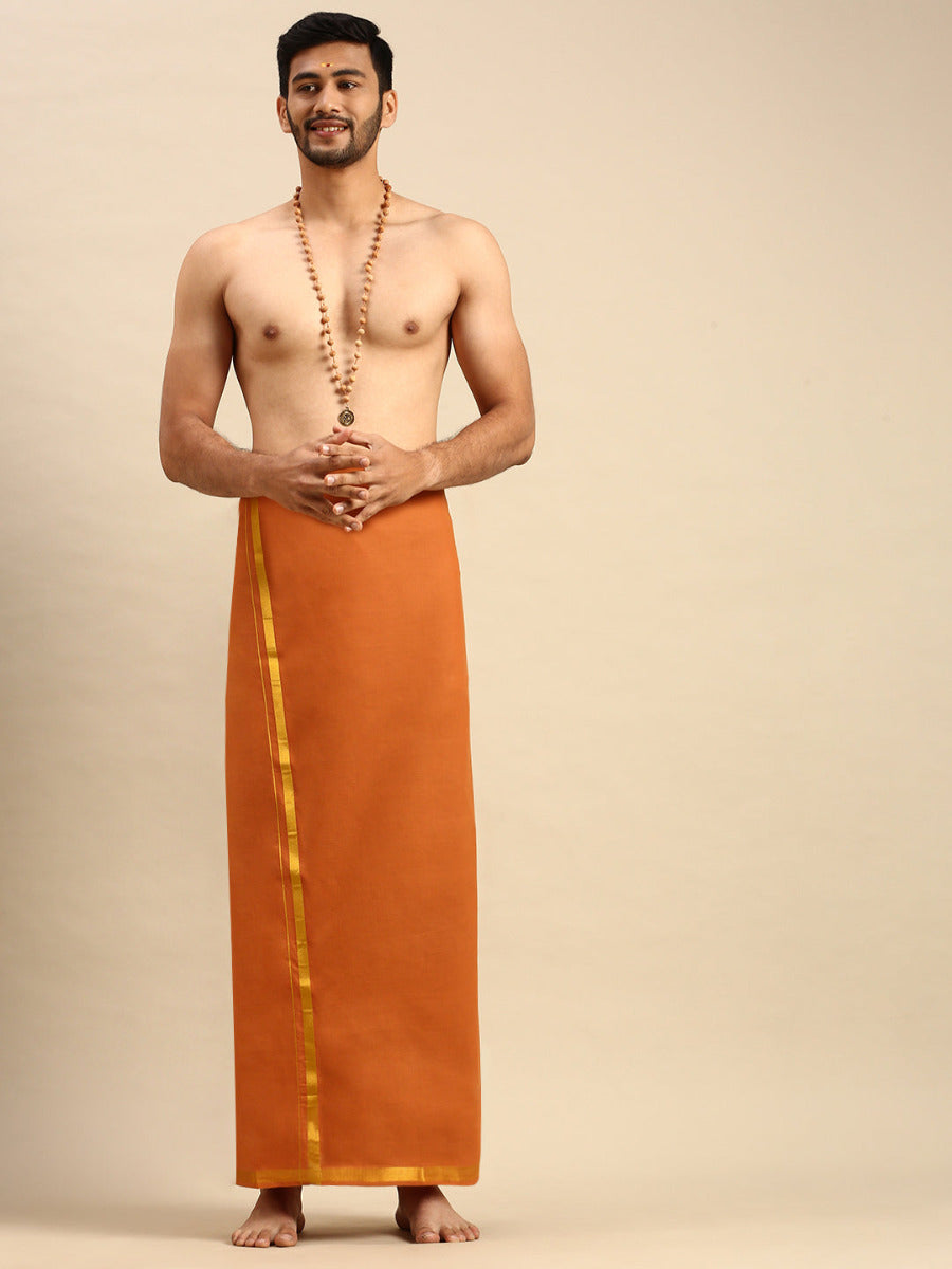 Mens Devotional Color Dhoti with 3/4" Gold Jari Border Cosmic Kavi