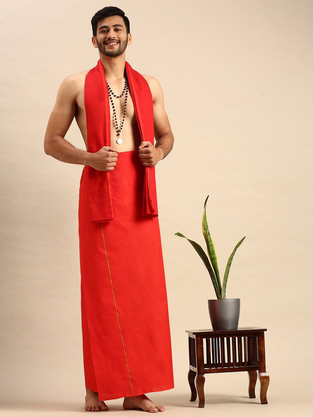 Mens Devotional Dhoti Golden Red-Front view