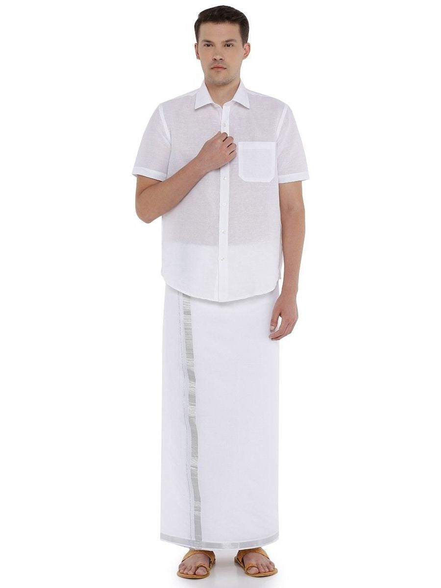 Mens Double Dhoti White with Silver Jari 1" Silver Rose
