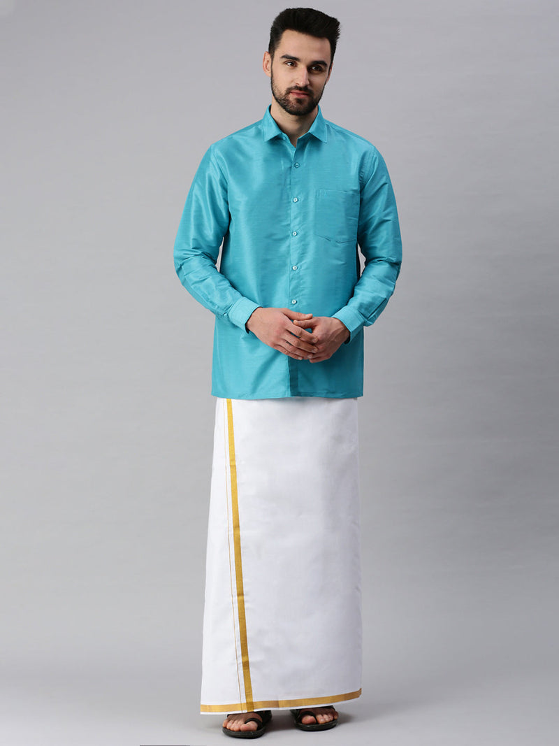 Silk Look Fancy Full Sleeves Blue Shirt with Jari Dhoti Combo SP29