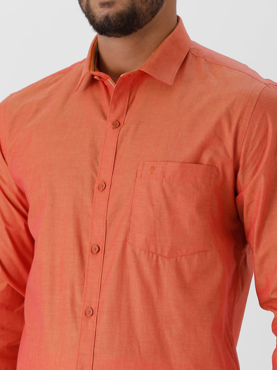Mens Cotton Copper Colour Full Sleeves Shirt & Single Dhoti with Copper Jari Combo-Zoom view