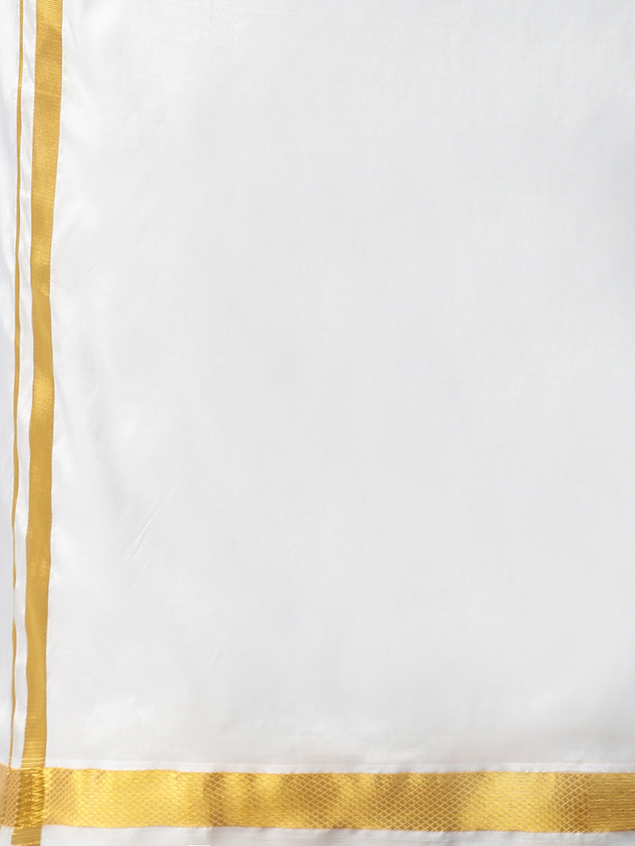 Mens Pure Silk White Double Dhoti with 3/4" Gold Jari Upasana-Bottom view