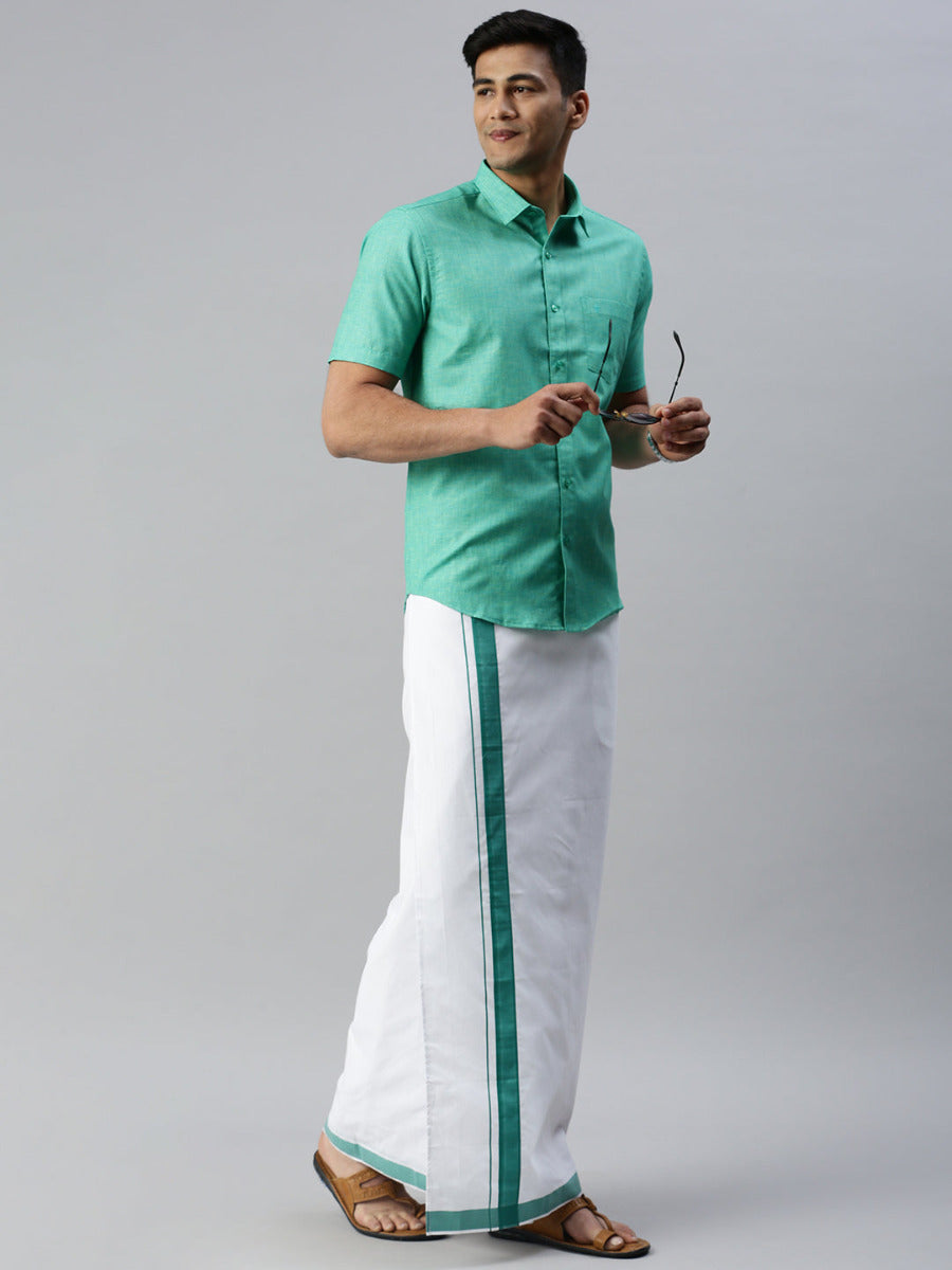 Mens Matching Border Adjustable Dhoti & Half Sleeves Shirt Set Green CC7-Side alternative view