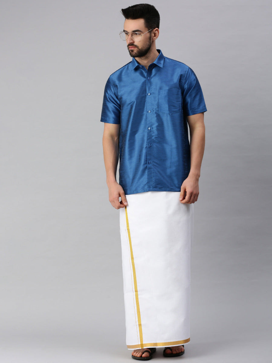 Silk Look Fancy Half Sleeves Blue Shirt with Jari Dhoti Combo SP9
