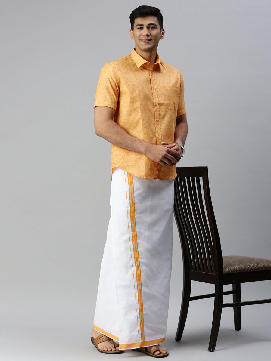 Mens Matching Border Adjustable Dhoti & Half Sleeves Shirt Set Orange CC2-Full view