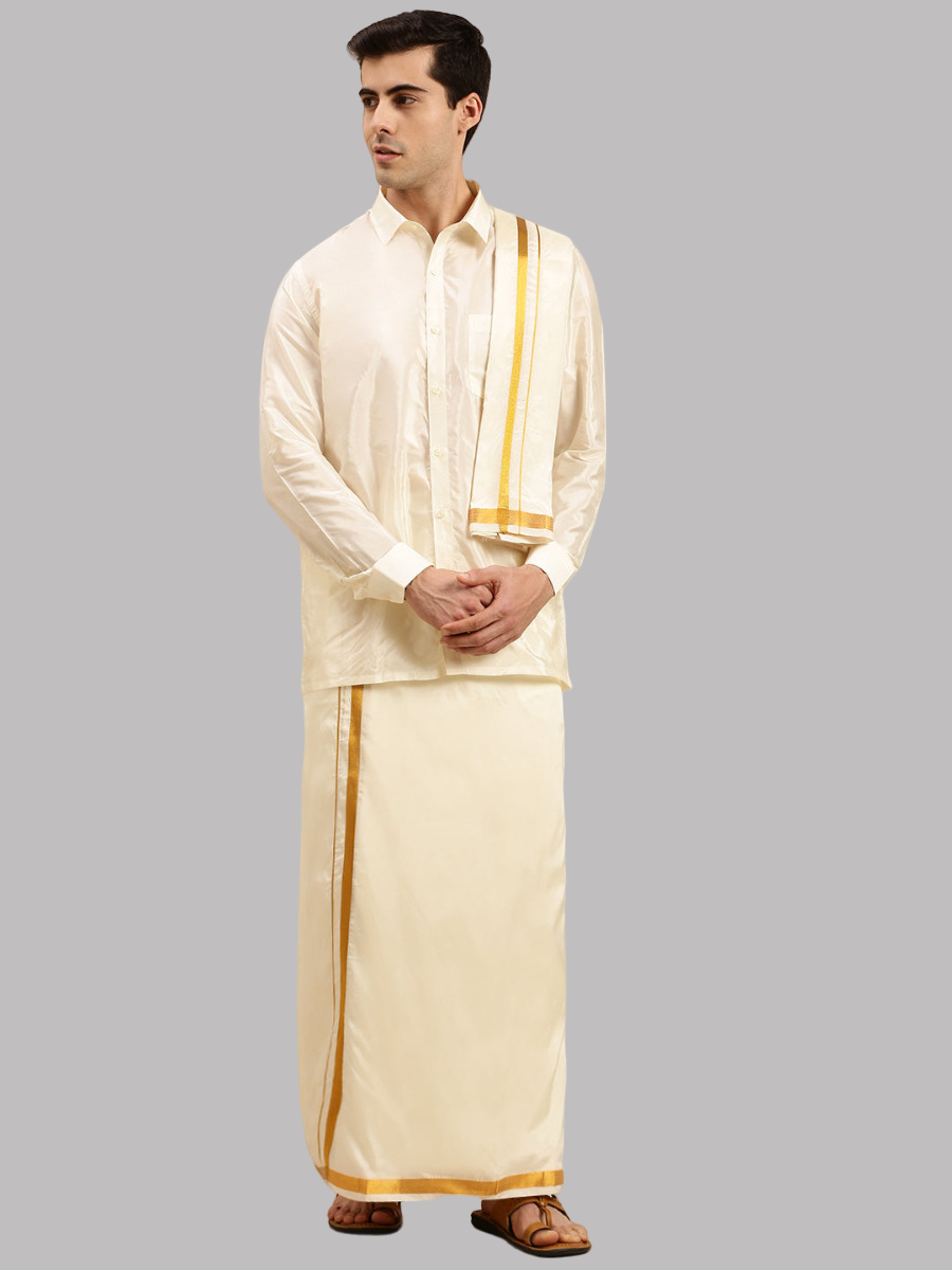 Mens Cream Art Silk Full Sleeves Shirt, Readymade Double Dhoti & Towel Combo-Front view