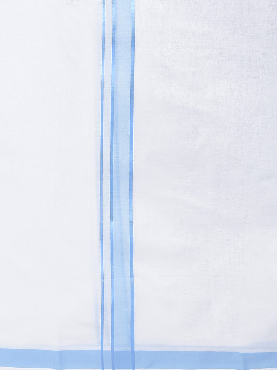 Men Sky Blue Fancy Border Double Dhoti White Redfort Plain