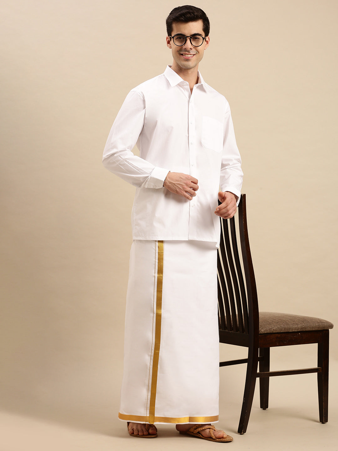 Mens Double Dhoti White with Gold Jari 1" Gold Rose-Full view