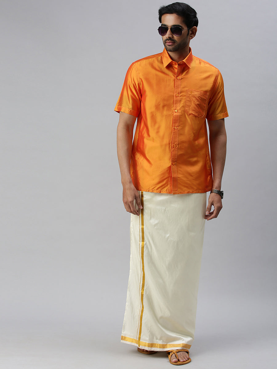 Mens Pure Silk Half Sleeves Shirt Golden Orange-Full view
