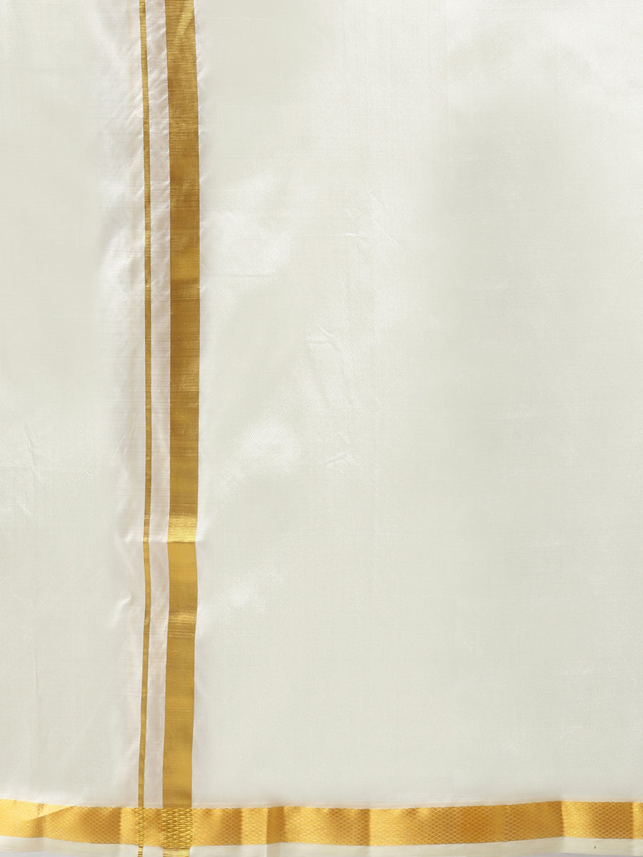 Mens Pure Silk Cream Double Dhoti with 1" Gold Jari Border Upasana-Zoom view