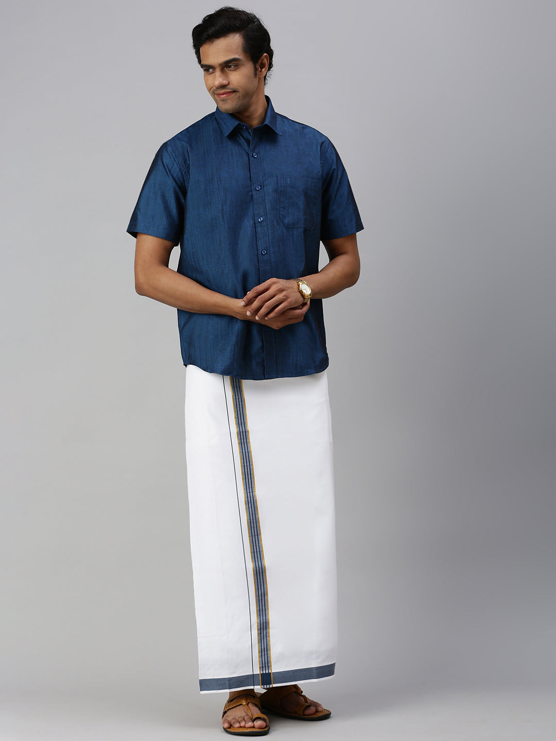 Mens Matching Jari Border Dhoti & Shirt Set Half Sleeve VB9-Front view