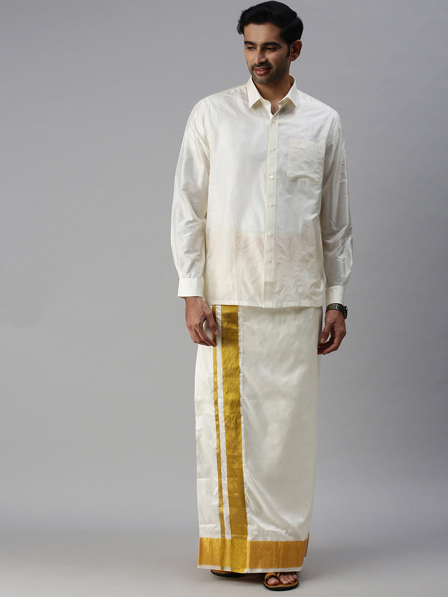 Mens Pure Silk Cream Shirt Full Sleeves Silk Mark-Full view
