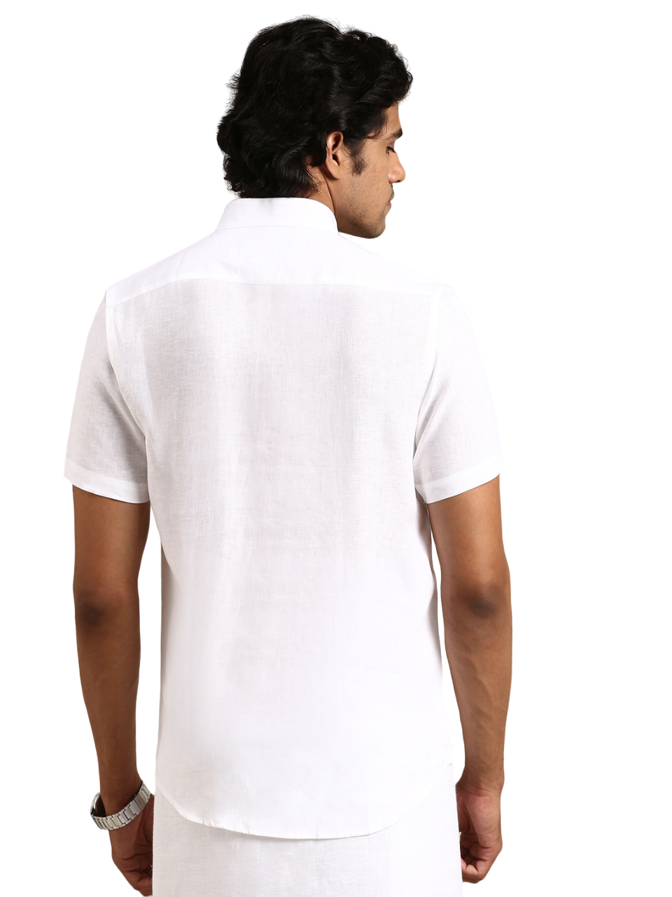 Mens 100% Linen Chinese Collar White Shirt Half Sleeves 5445-Back view