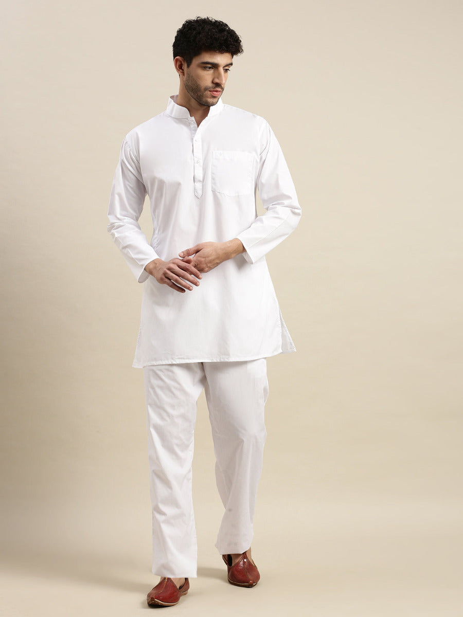 Mens Cotton White Kurta Pyjama Set-Front view