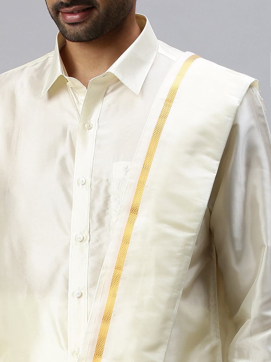 Mens Readymade Cream Dhoti + Towel Set Silk with Gold Jari 3/4" Genxt Silk Set-Zoom view