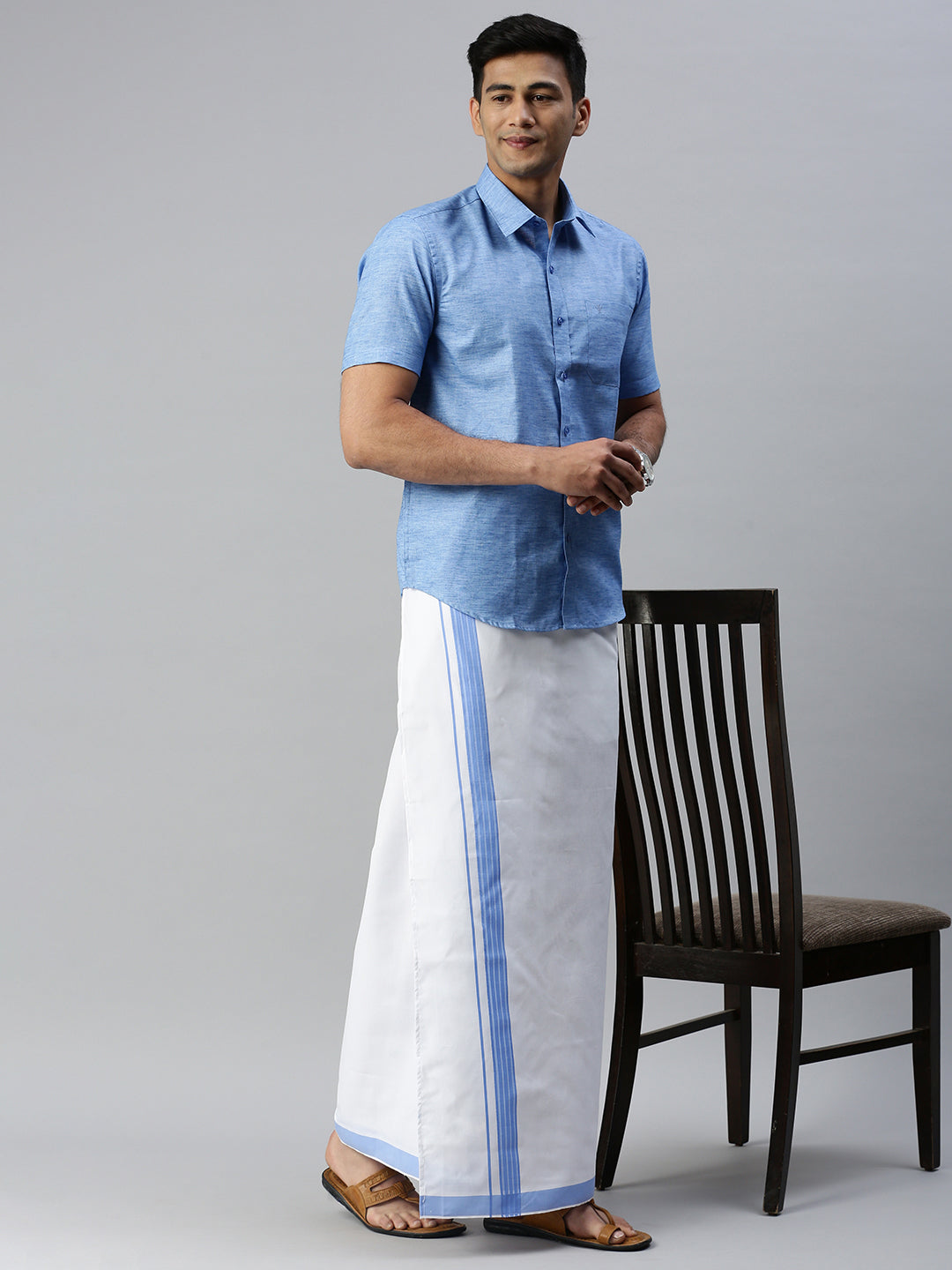 Mens Matching Border Adjustable Dhoti & Half Sleeves Shirt Set Blue CC9